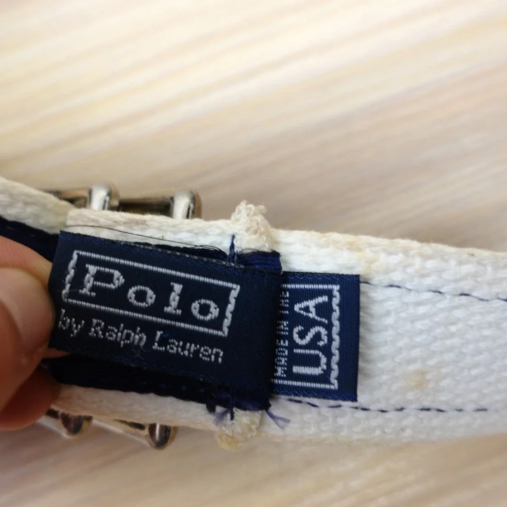 Vintage Polo Ralph Lauren Belt 36 M Navy White Canvas Crest Logo USA Made Preppy